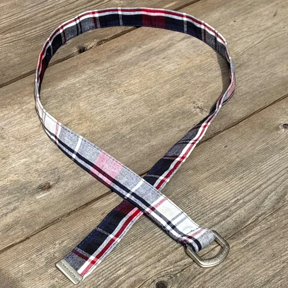 Tommy Hilfiger Belt Plaid D-Ring Webbing Navy Red White 34.5 Inch Preppy